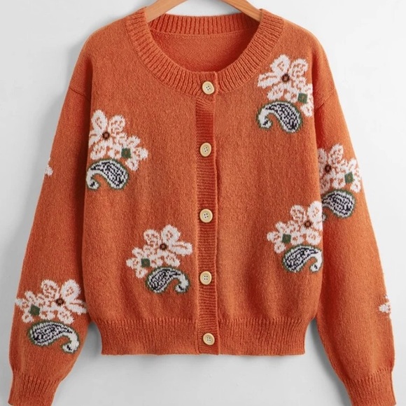 Chic Nation Sweaters - Rustic orange floral cardigan